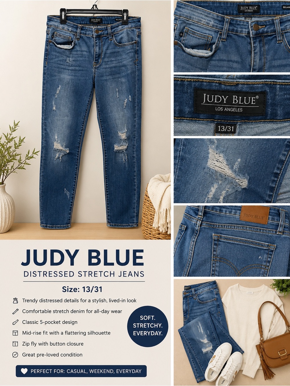 Judy Blue Medium Blue Distressed Straight Leg Jeans